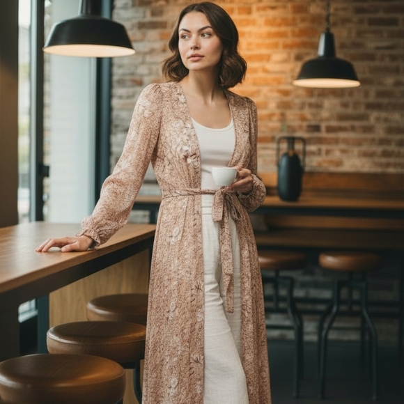 Express Sheer Floral Duster In Gold Size Medium/Large EUC - Picture 9 of 9